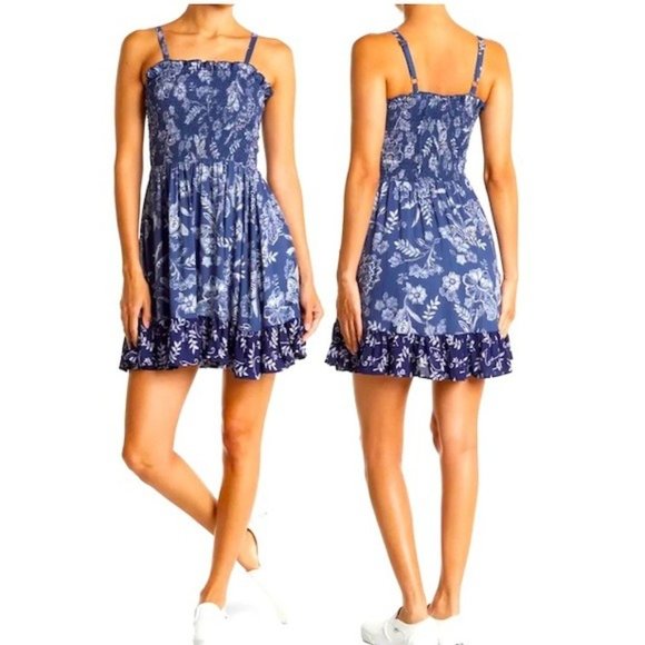 Blue Floral Smocked Boho Ruffle Mini Dress - Picture 5 of 7